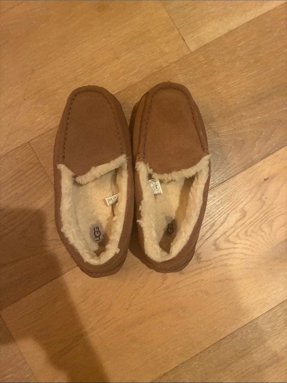 UGG Chestnut Suede Moccasin Slippers with Cream Shearling